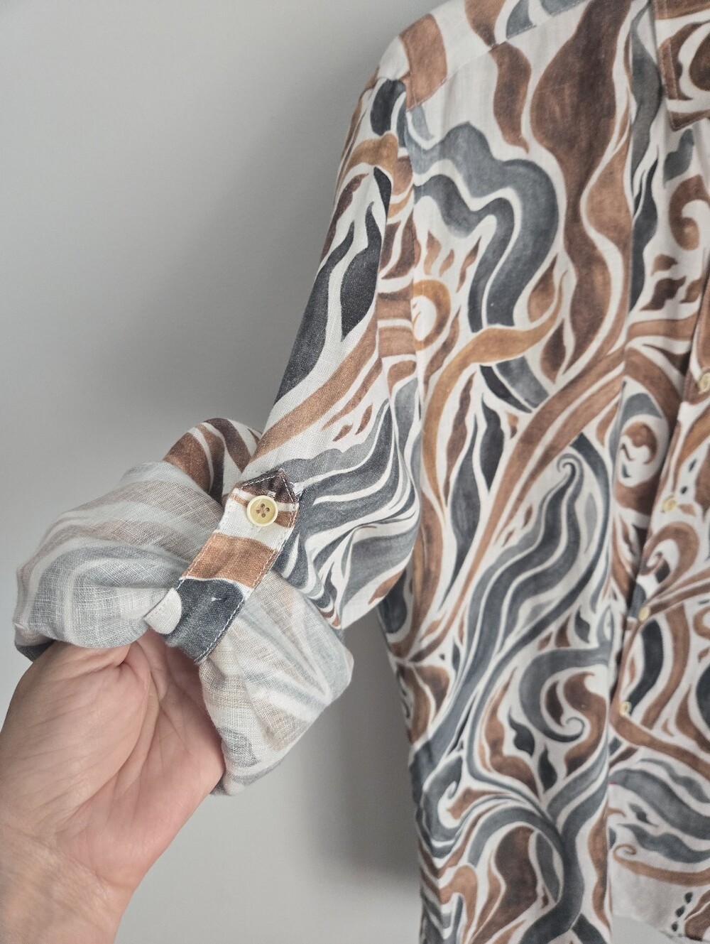 MARCEL MASSIMO Long-Sleeve Linen Shirt in Brown & Gray Button-Up - Picture 12 of 15